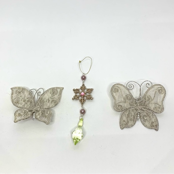Glitter Butterfly & Snowflake Jewel Feminine Christmas Tree Ornaments Set Of 3 - Picture 6 of 9